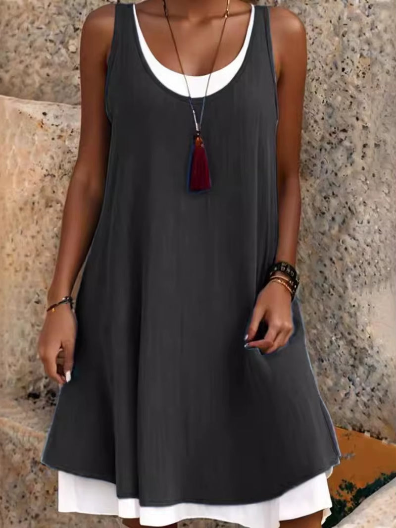 Summmer Women'S Solid Dress Casual Sleeveless Fake Two Piece Loose Dresses Female O Neck Office Holiday Beach Party Dress New