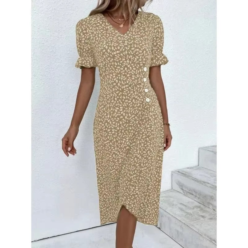 Elegant Floral Pleated H Shaped Midi Dress Female V Neck Puff Sleeve Waist Ruched Button Dresses Women Summer Dress Robe