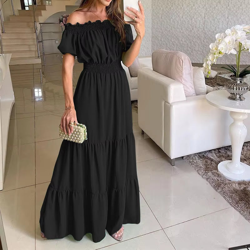 Summer Solid Boho Dress Women Fashion Elegant Beach Party Dress Casual Slash Neck Office Maxi Dresses for Woman Robe Femme New