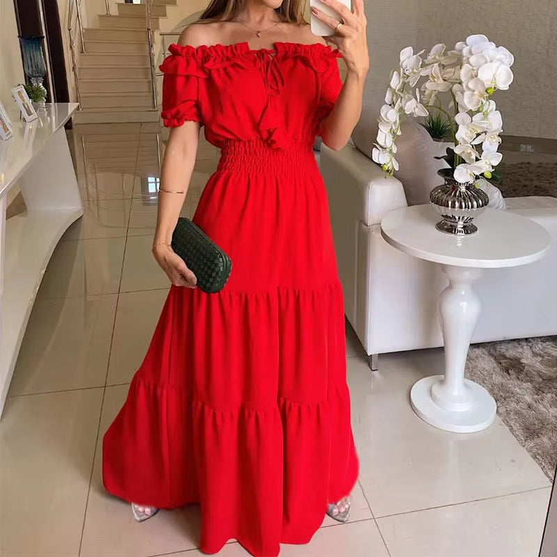 Summer Solid Boho Dress Women Fashion Elegant Beach Party Dress Casual Slash Neck Office Maxi Dresses for Woman Robe Femme New