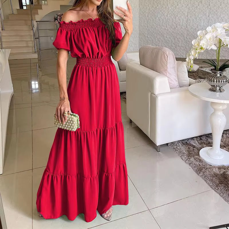 Summer Solid Boho Dress Women Fashion Elegant Beach Party Dress Casual Slash Neck Office Maxi Dresses for Woman Robe Femme New
