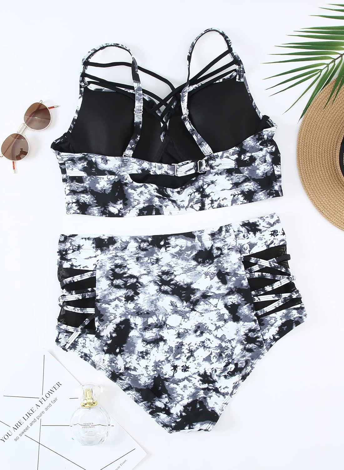 Womens plus Size Strappy Push up Floral Printed High Waisted Swimsuit Bikini Set 2 Piece Bathing Suit Swimwear Black 1X
