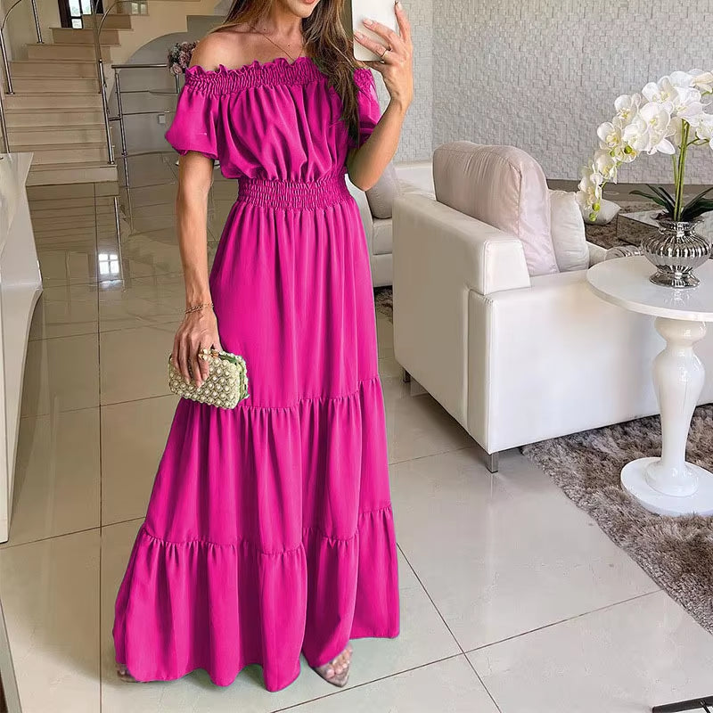 Summer Solid Boho Dress Women Fashion Elegant Beach Party Dress Casual Slash Neck Office Maxi Dresses for Woman Robe Femme New
