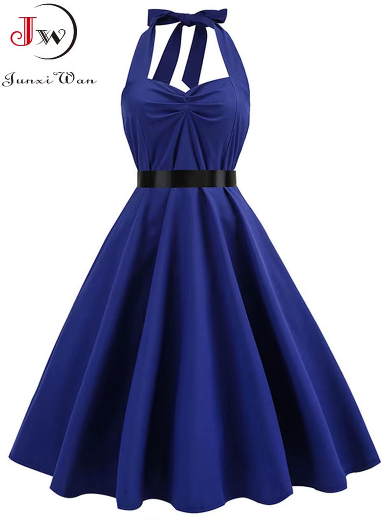 Sexy Halter Party Dress Women Summer Backless Vintage Dresses Retro Rockabilly Swing Robe Femme Elegant Midi Sundress