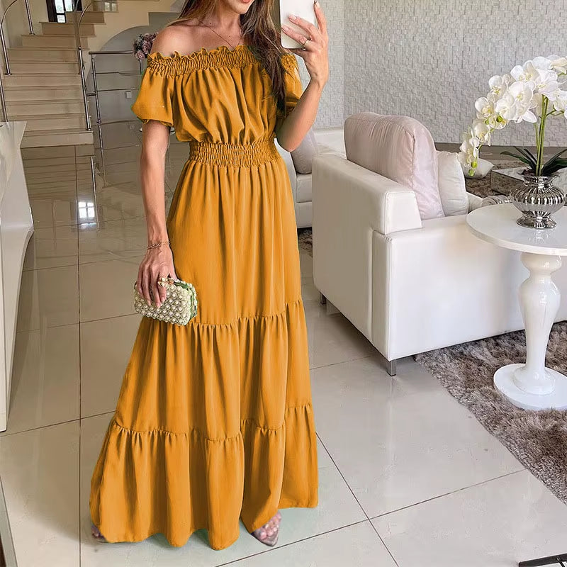Summer Solid Boho Dress Women Fashion Elegant Beach Party Dress Casual Slash Neck Office Maxi Dresses for Woman Robe Femme New