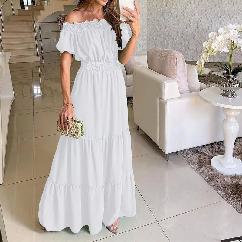 Summer Solid Boho Dress Women Fashion Elegant Beach Party Dress Casual Slash Neck Office Maxi Dresses for Woman Robe Femme New