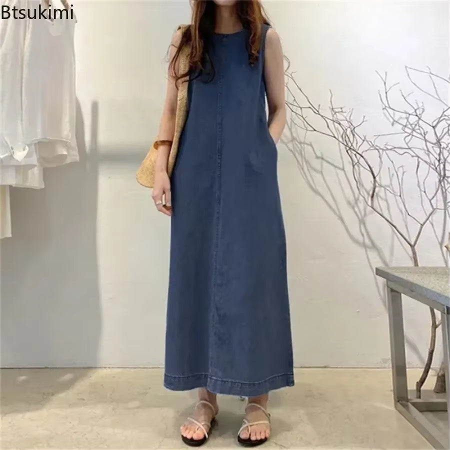 2025 Women'S Summer Sleeveless Jeans Dress Simple Style Solid Elegant Dress Robe Female Pocket Design Commuter Gown Dress 5XL