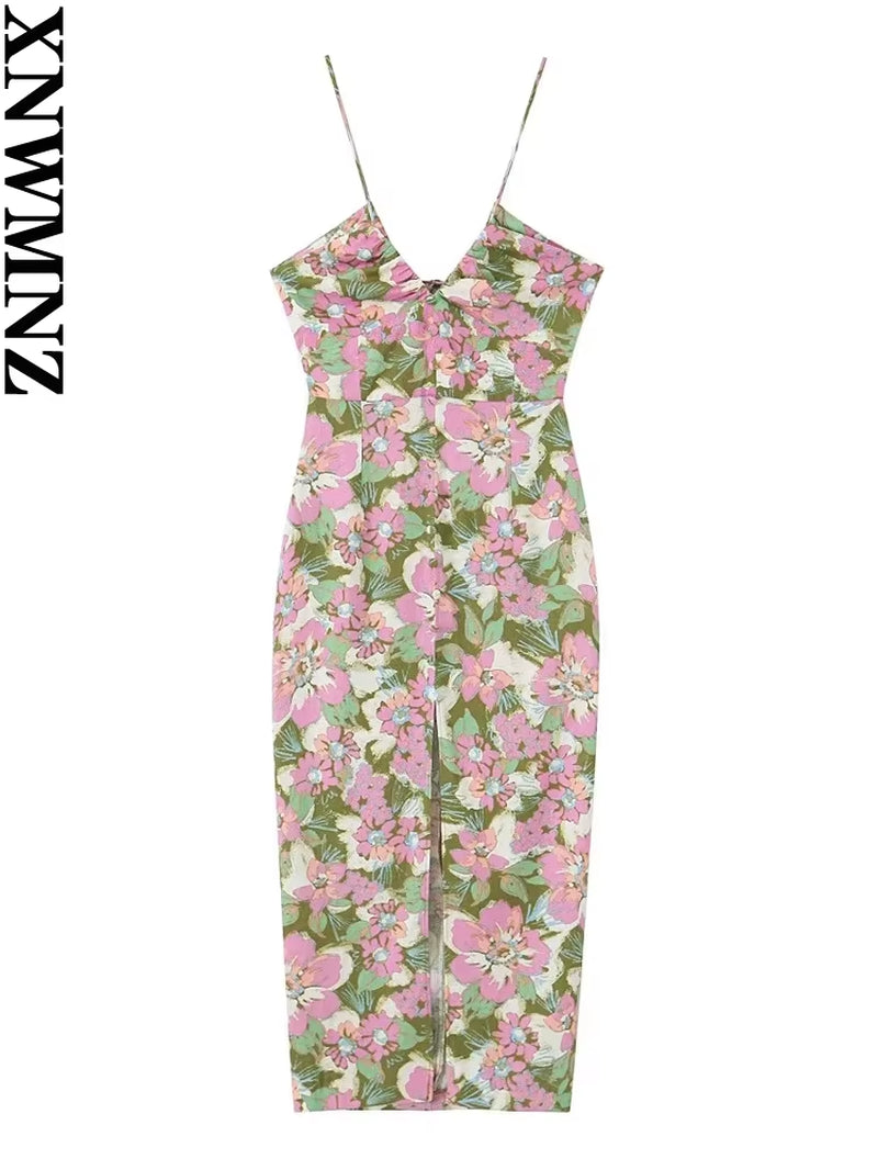 Women Fashion Linen Blended Flower Print Dress Vacation V-Neck Adjustable Straps Open Back Tie Front Split Female Dresse