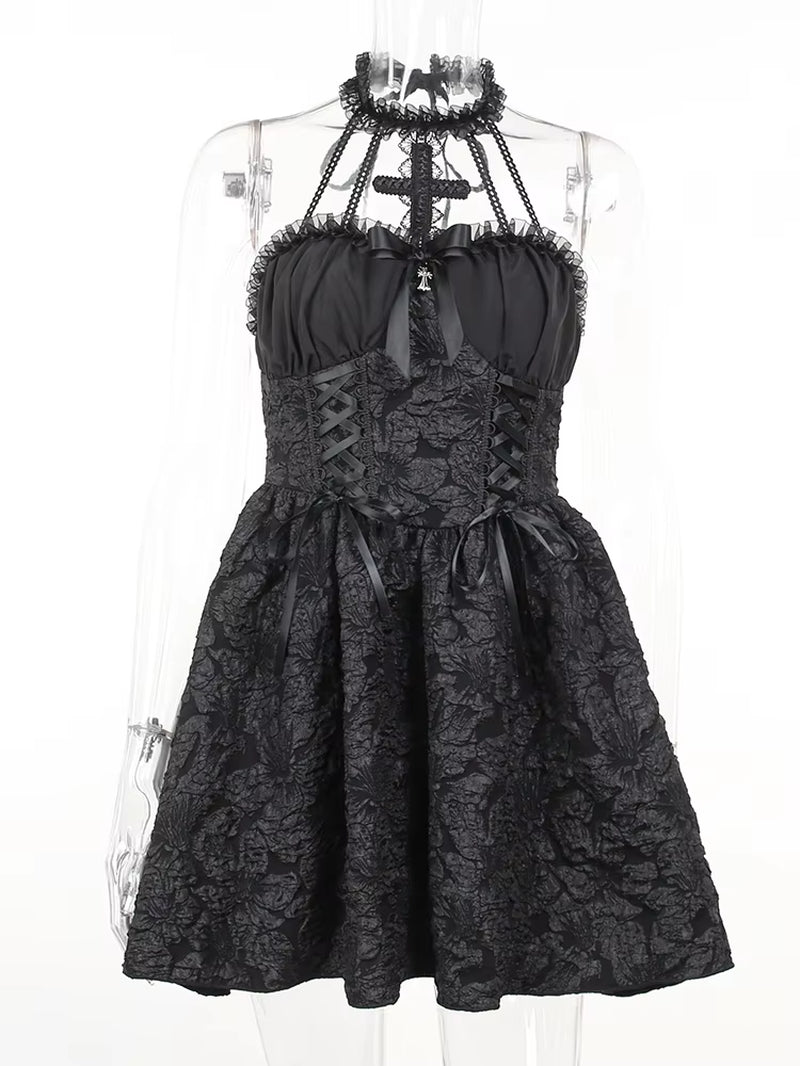 Goth Dark Mall Gothic Emo Jacquard A-Line Dresses Elegant Grunge Ruched Bandage Partywear Punk Black Women Halloween Club Dress