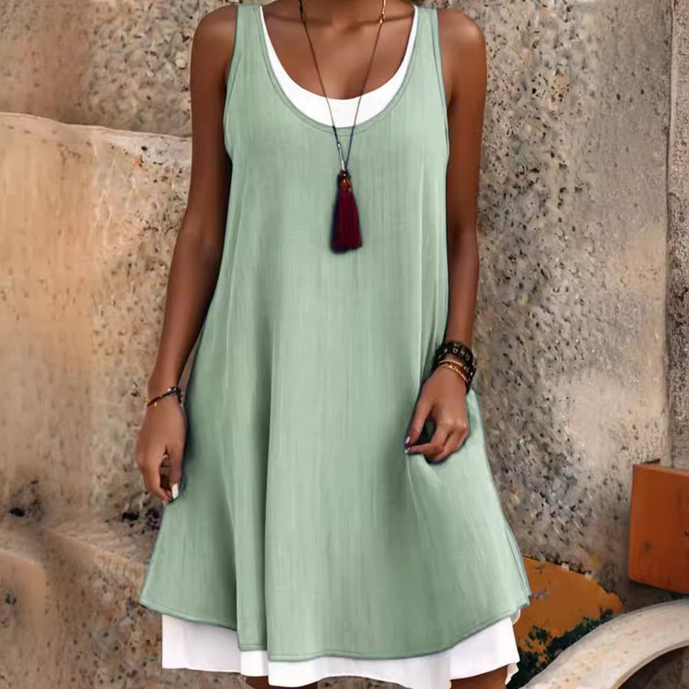 Summmer Women'S Solid Dress Casual Sleeveless Fake Two Piece Loose Dresses Female O Neck Office Holiday Beach Party Dress New
