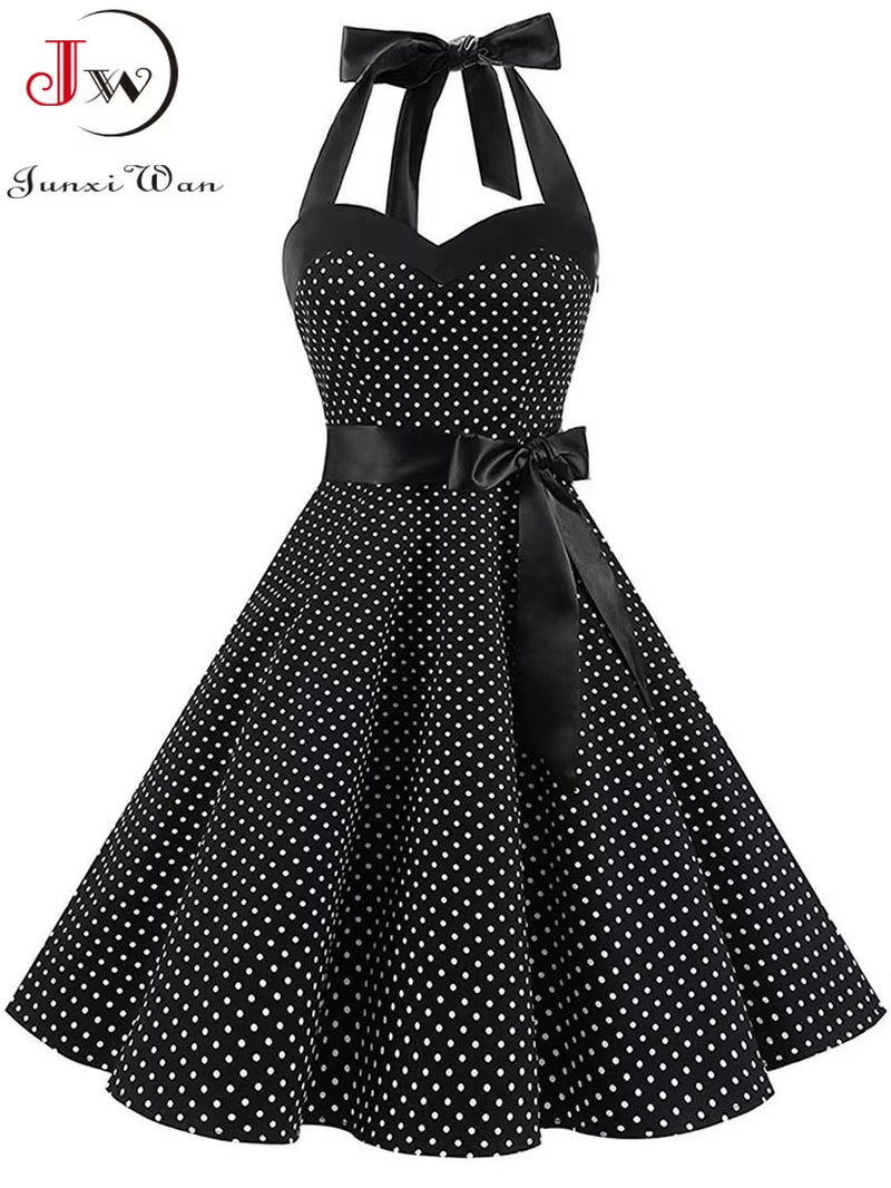 Sexy Halter Party Dress Women Summer Backless Vintage Dresses Retro Rockabilly Swing Robe Femme Elegant Midi Sundress