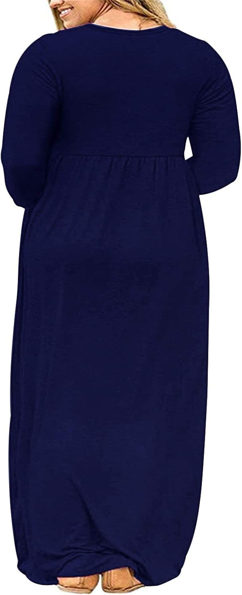 Women'S Plain plus Size Long Sleeve Loose Curvy Long Maxi Dresses with Pocket (24W,Navy Blue)