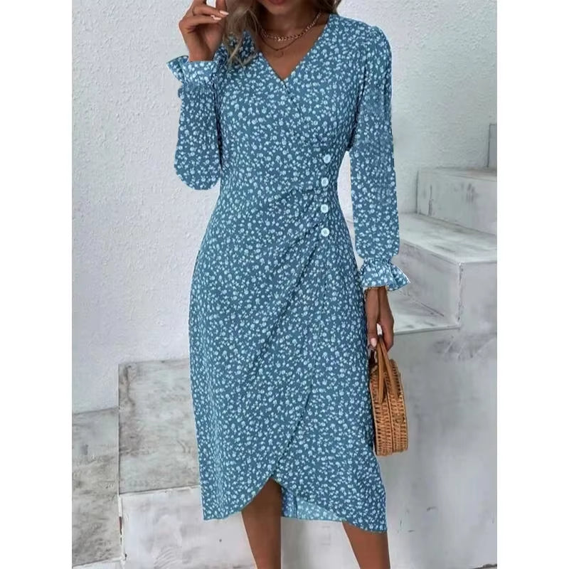 Elegant Floral Pleated H Shaped Midi Dress Female V Neck Puff Sleeve Waist Ruched Button Dresses Women Summer Dress Robe