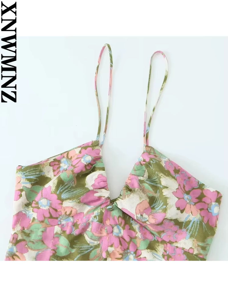 Women Fashion Linen Blended Flower Print Dress Vacation V-Neck Adjustable Straps Open Back Tie Front Split Female Dresse