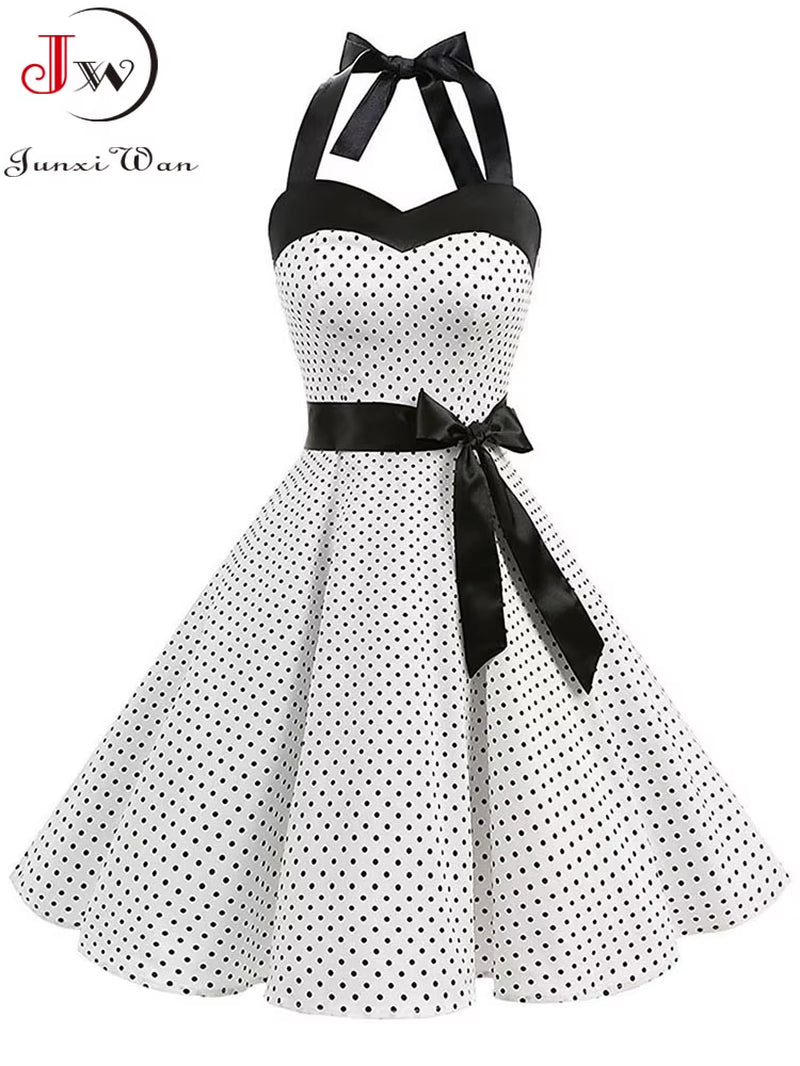 Sexy Halter Party Dress Women Summer Backless Vintage Dresses Retro Rockabilly Swing Robe Femme Elegant Midi Sundress