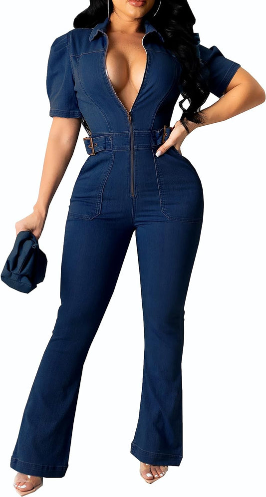 Women Elegant Jeans Jumpsuit Sexy V-Neck Clubwear Bell Bottom Denim Long Pants Jumpsuits with Zipper Pockets