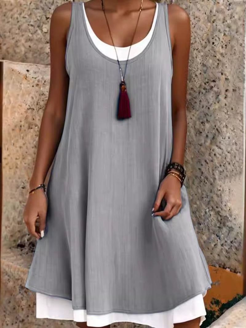 Summmer Women'S Solid Dress Casual Sleeveless Fake Two Piece Loose Dresses Female O Neck Office Holiday Beach Party Dress New