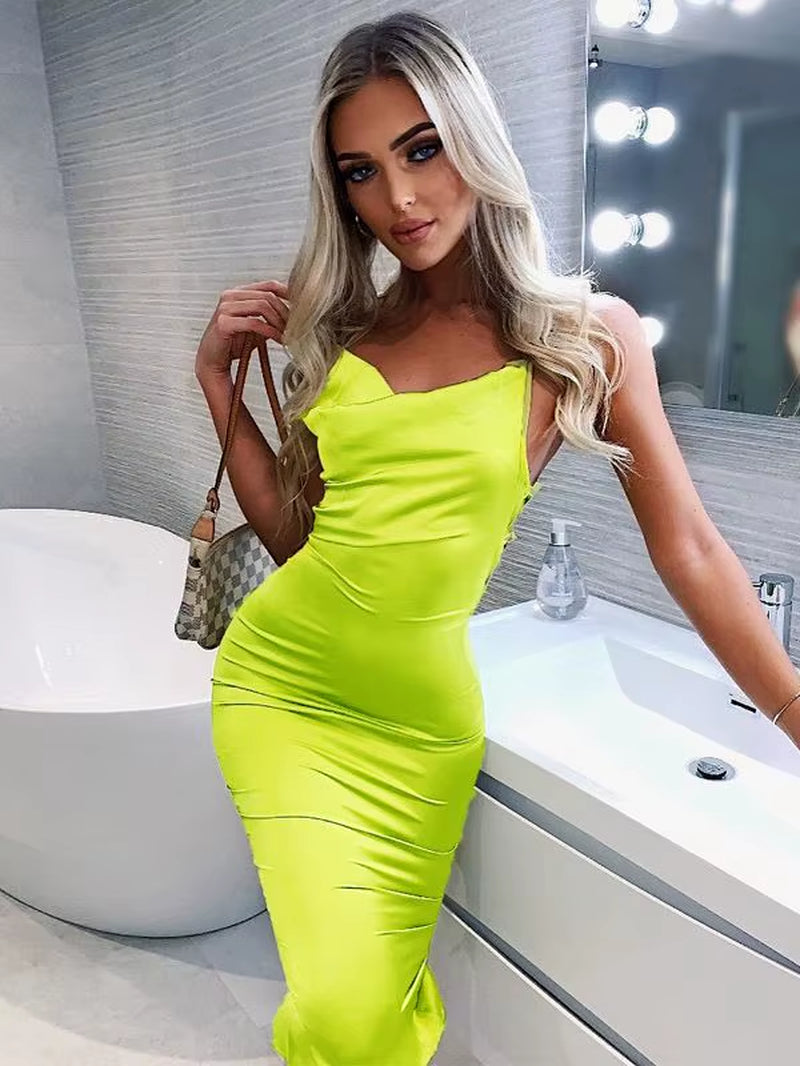 Neon Satin Lace up 2023 Summer Women Bodycon Long Midi Dress Sleeveless Backless Elegant Party Outfits Sexy Club Clothes