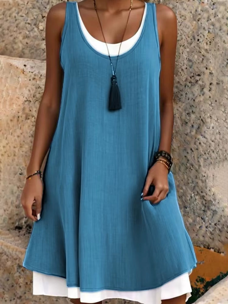 Summmer Women'S Solid Dress Casual Sleeveless Fake Two Piece Loose Dresses Female O Neck Office Holiday Beach Party Dress New