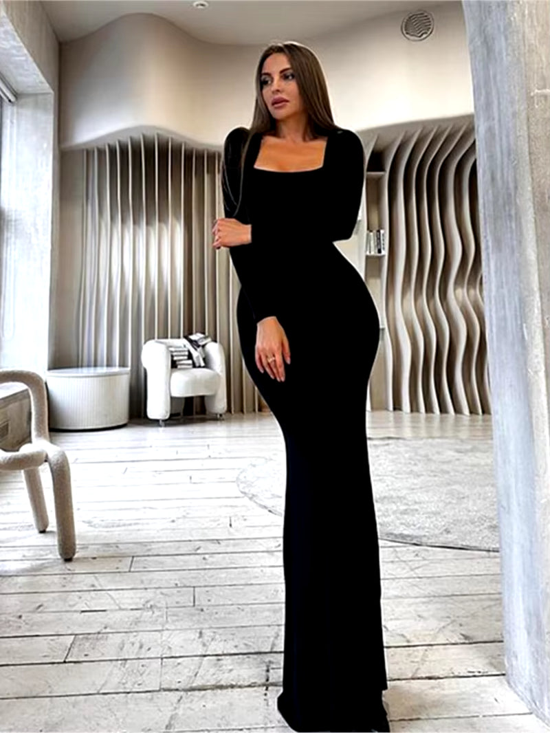 2024 Autumn New Long Dress for Women Sexy Bodycon Party Solid Color Long Sleeve Bandage Slim Dresses Fashion Vestidos Black Robe