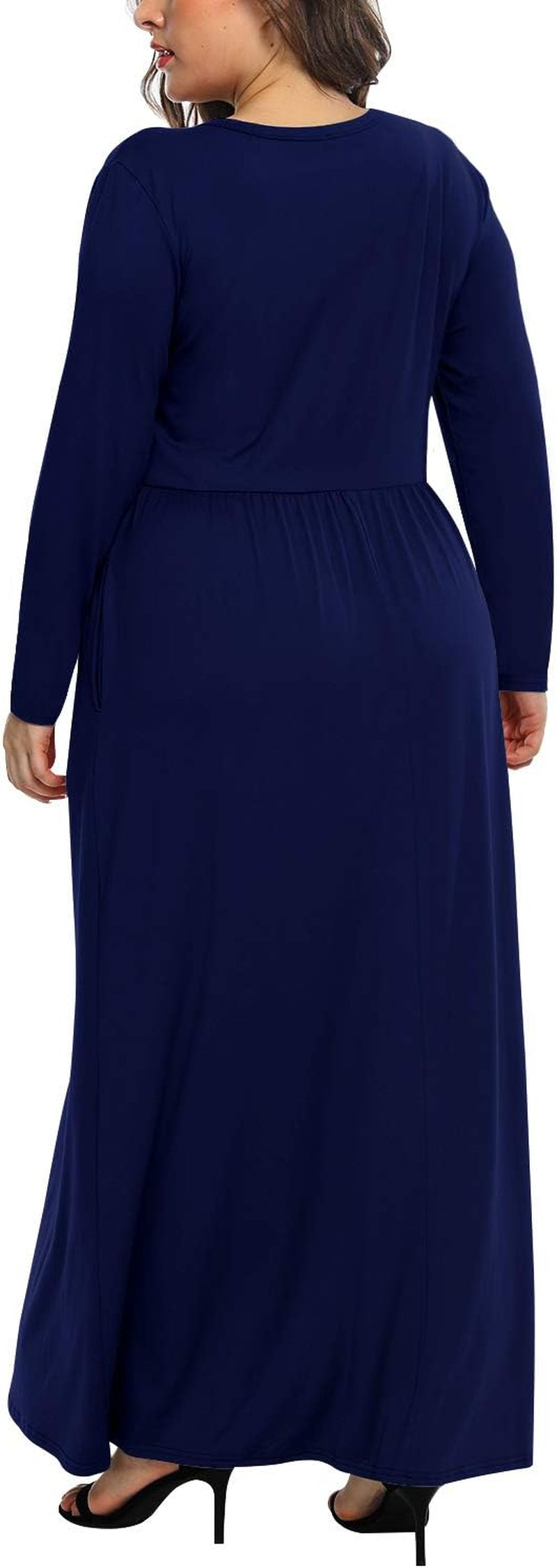 Women'S Plain plus Size Long Sleeve Loose Curvy Long Maxi Dresses with Pocket (24W,Navy Blue)