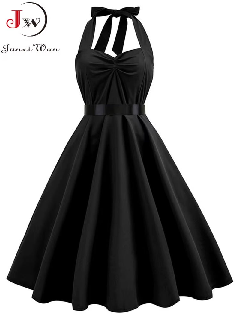Sexy Halter Party Dress Women Summer Backless Vintage Dresses Retro Rockabilly Swing Robe Femme Elegant Midi Sundress