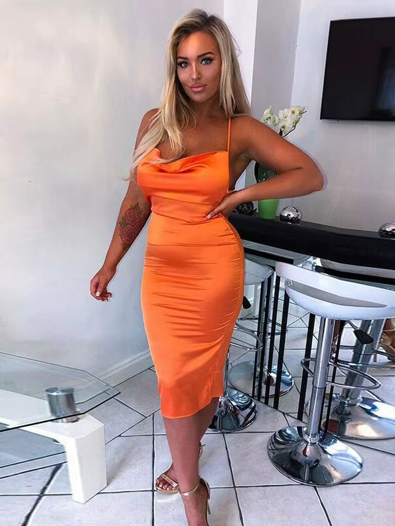 Neon Satin Lace up 2023 Summer Women Bodycon Long Midi Dress Sleeveless Backless Elegant Party Outfits Sexy Club Clothes