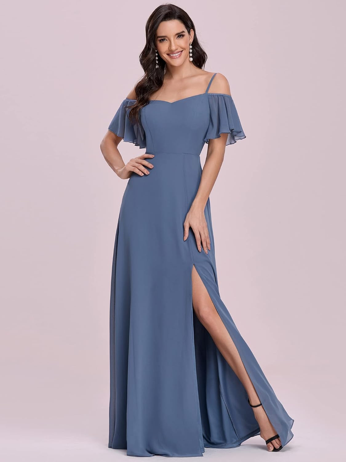 Women'S Formal Dresses off Shoulder Short Sleeve Split A-Line Floor Length Bridesmaid Dresses 0237