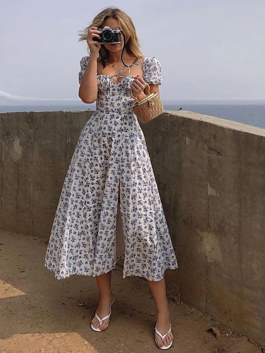 Summer Women Puff Sleeve Floral Printed Dress,Long Dresses,Woman Clothing,Dress Women,Women'S Elegant Dresses,Sexy Costume Women