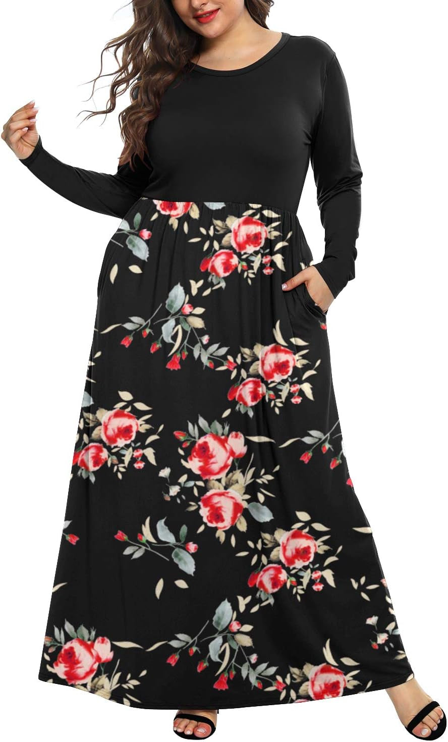 Women'S Plain plus Size Long Sleeve Loose Curvy Long Maxi Dresses with Pockets(18W,Black Rose Black)