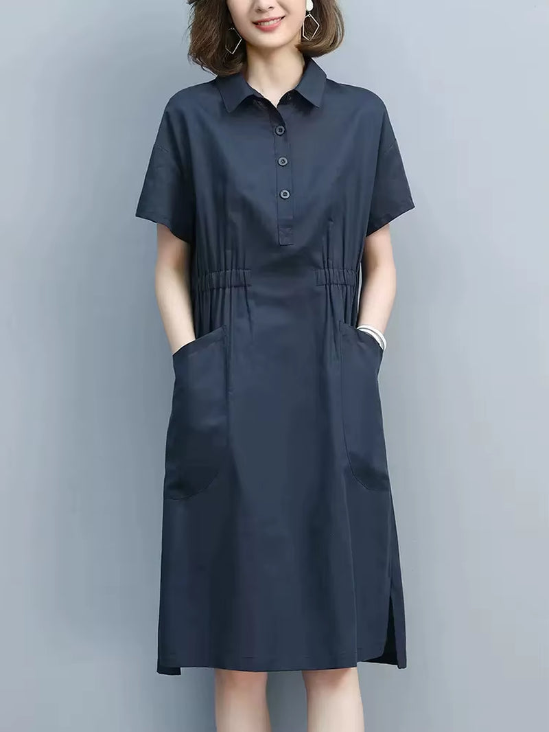 Summer Vintage Dresses for Women 2024 New Casual Loose Cotton Polo Collar Short Sleeve Office Lady Pleated Dresses Vestidos