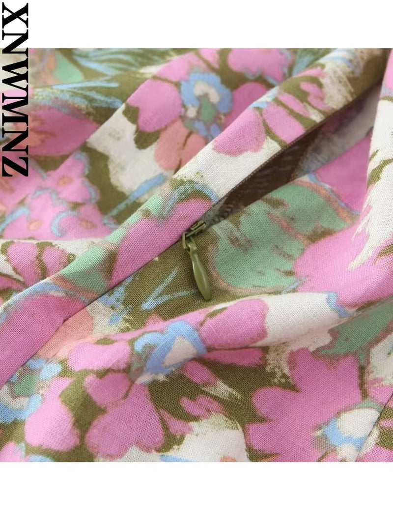 Women Fashion Linen Blended Flower Print Dress Vacation V-Neck Adjustable Straps Open Back Tie Front Split Female Dresse
