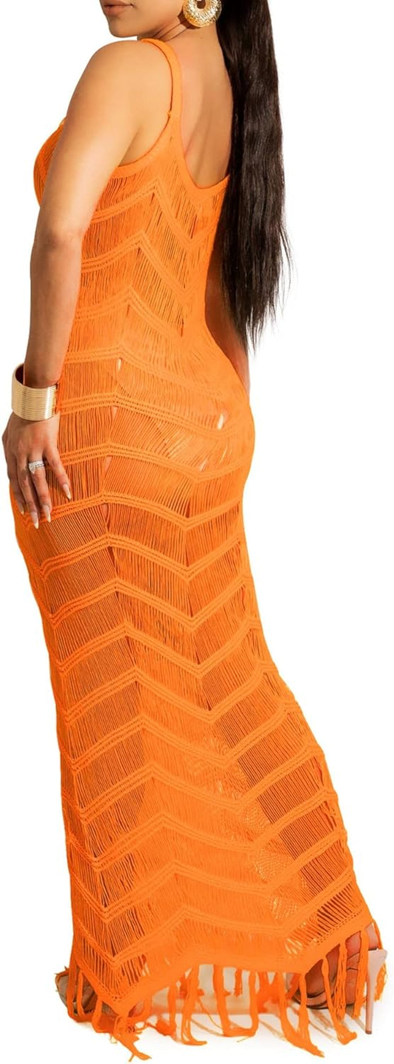 Sexy Beach Dress for Women Cover up Sleeveless Mesh Crochet Maxi Dress Summer Dresses Bikini Covers Orange Medium