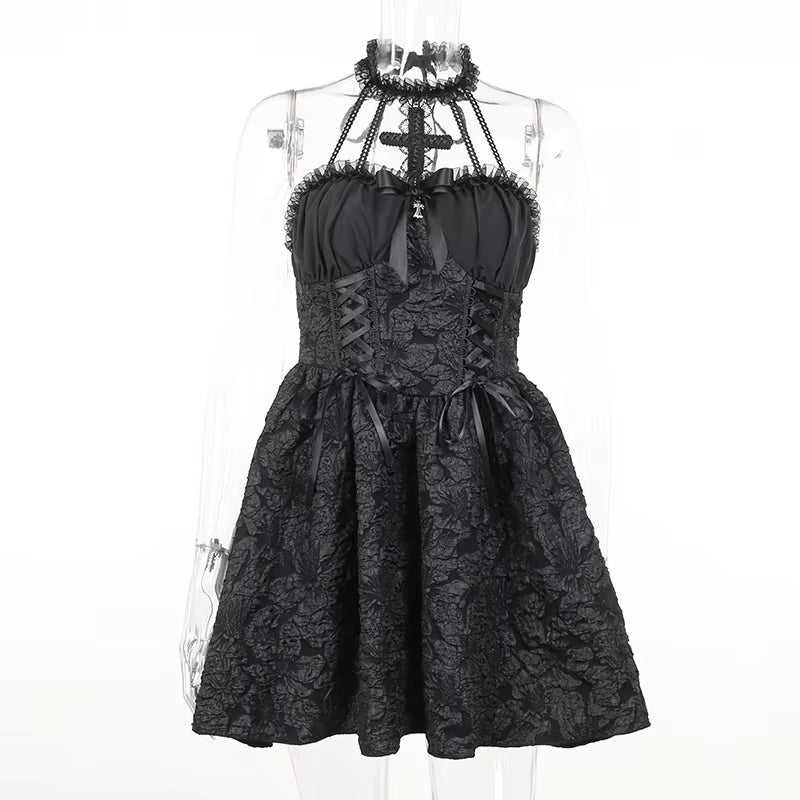 Goth Dark Mall Gothic Emo Jacquard A-Line Dresses Elegant Grunge Ruched Bandage Partywear Punk Black Women Halloween Club Dress