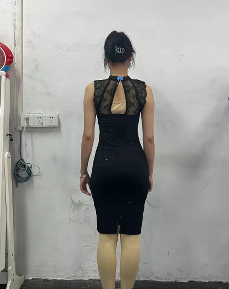 Dress for Women 2022 Autumn Plain Sleeveless O-Neck Glitter Contrast Lace Skinny Sexy Mini Party Dress