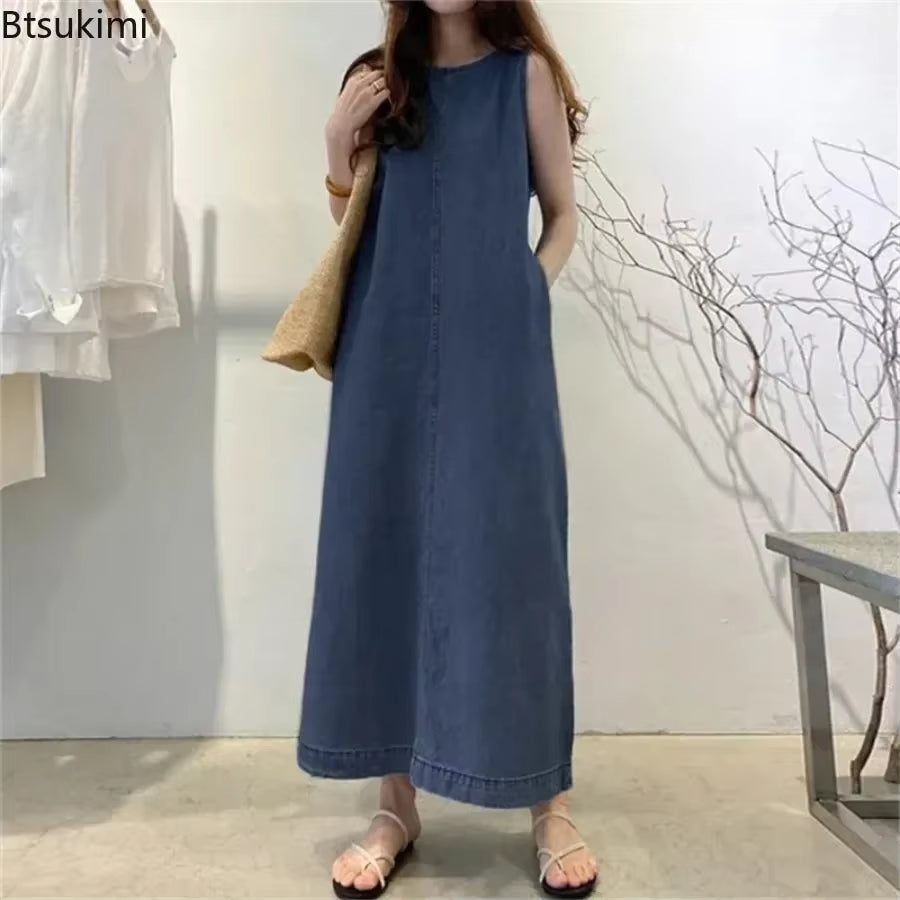 2025 Women'S Summer Sleeveless Jeans Dress Simple Style Solid Elegant Dress Robe Female Pocket Design Commuter Gown Dress 5XL