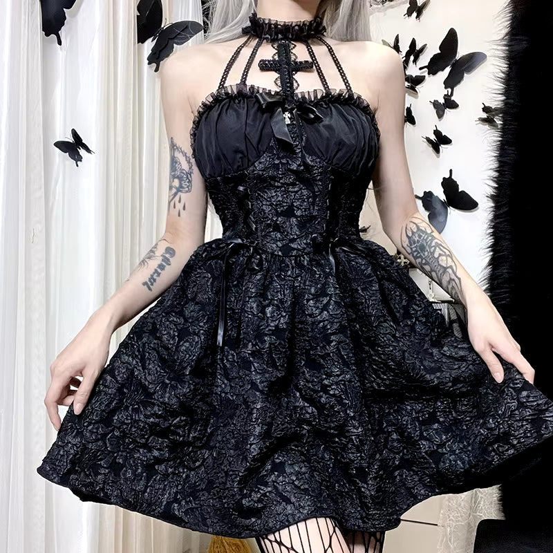 Goth Dark Mall Gothic Emo Jacquard A-Line Dresses Elegant Grunge Ruched Bandage Partywear Punk Black Women Halloween Club Dress