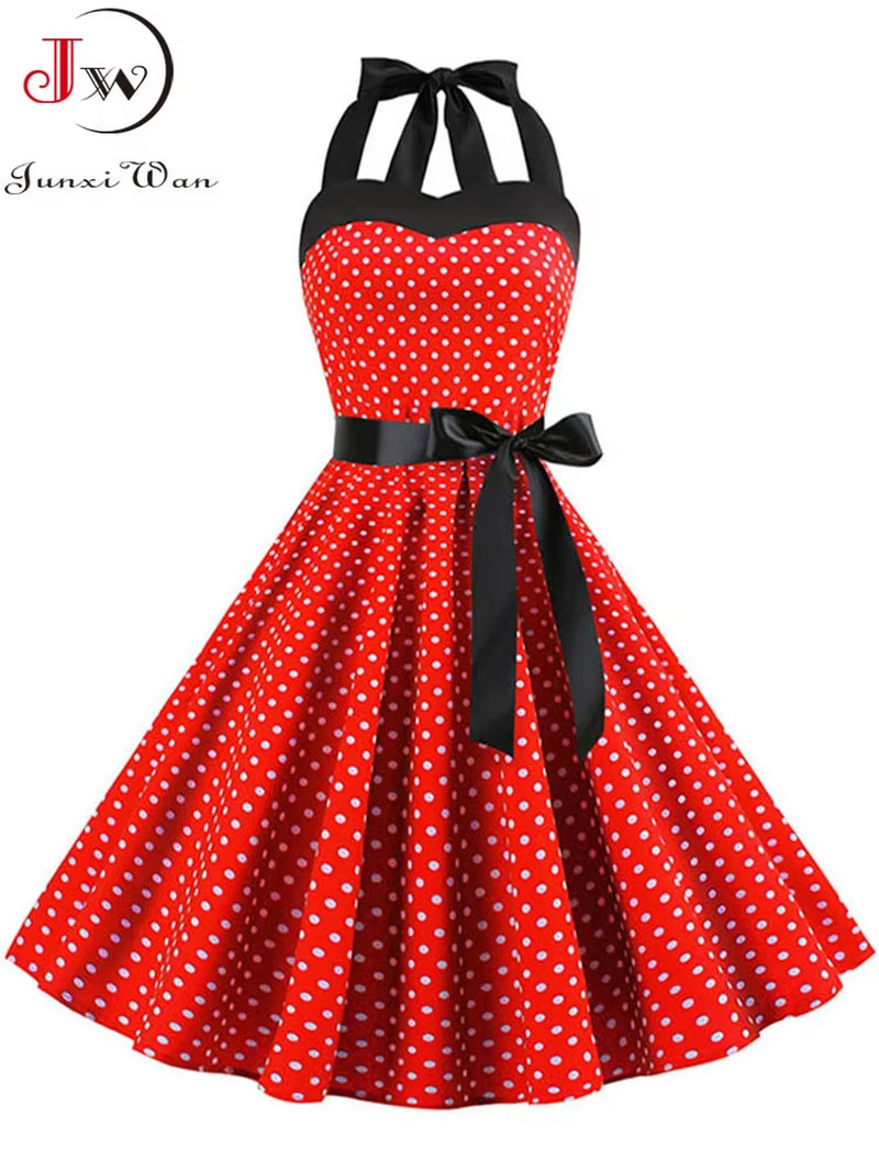 Sexy Halter Party Dress Women Summer Backless Vintage Dresses Retro Rockabilly Swing Robe Femme Elegant Midi Sundress