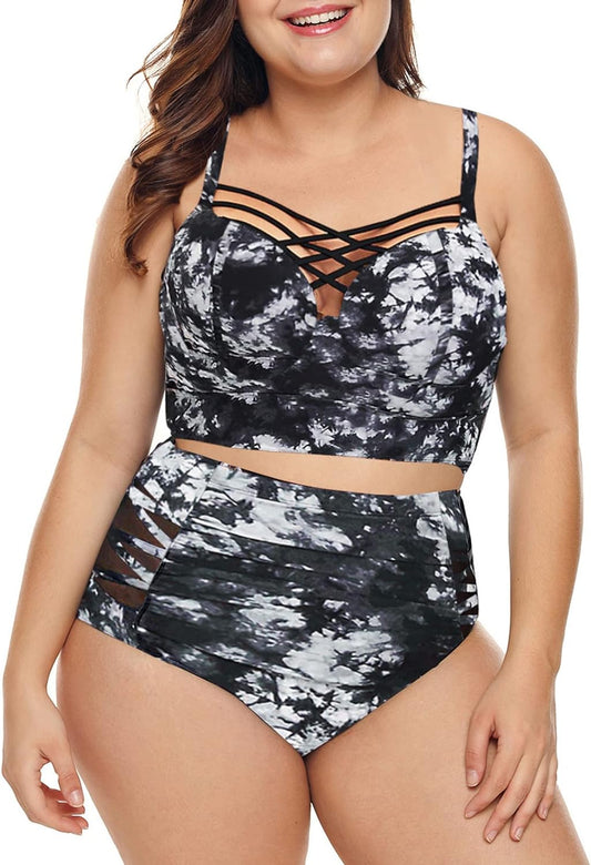 Womens plus Size Strappy Push up Floral Printed High Waisted Swimsuit Bikini Set 2 Piece Bathing Suit Swimwear Black 1X