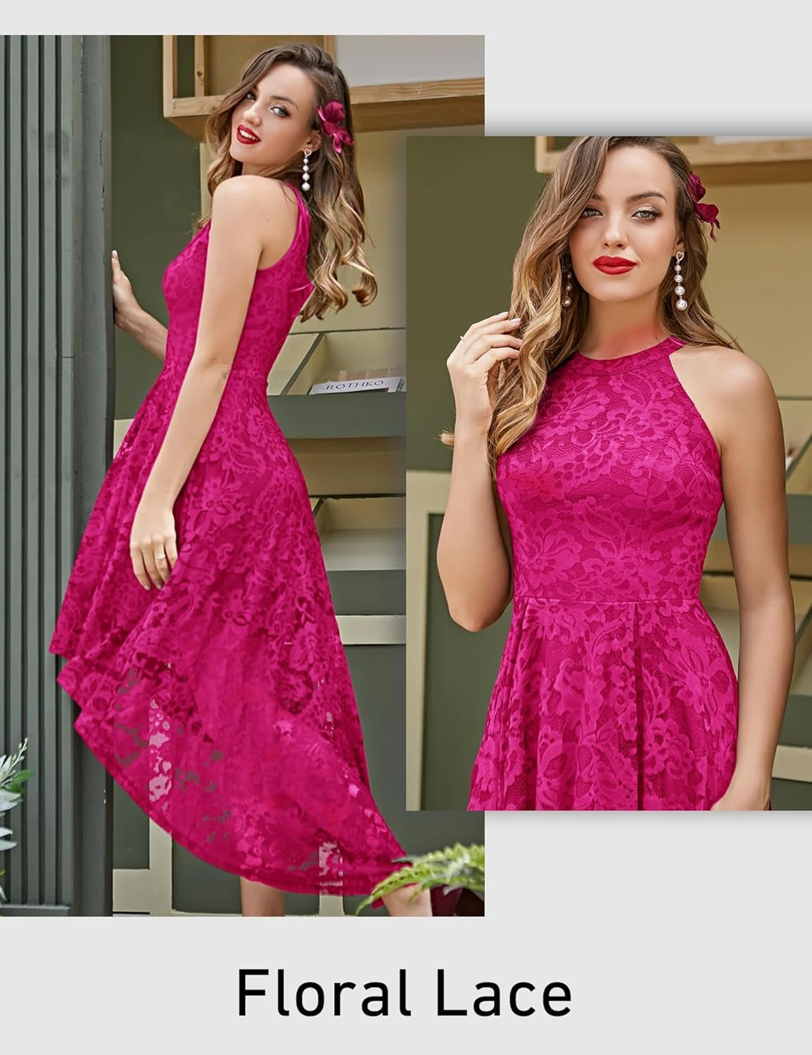 Women Halter Lace Wedding Guest Dress Hi-Lo Cocktail Party Bridesmaid Formal Dresses