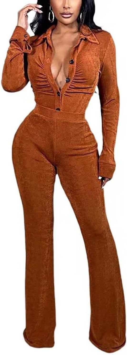 Velour Tracksuit Womens 2 Piece Outfits Pants Set - Women Velvet Long Sleeve Button down Shirt Tops and Bodycon Bell Bottom Flare Long Pants Jumpsuit Lounge Sets Sweatsuits Orange, L