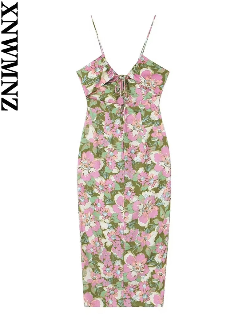 Women Fashion Linen Blended Flower Print Dress Vacation V-Neck Adjustable Straps Open Back Tie Front Split Female Dresse