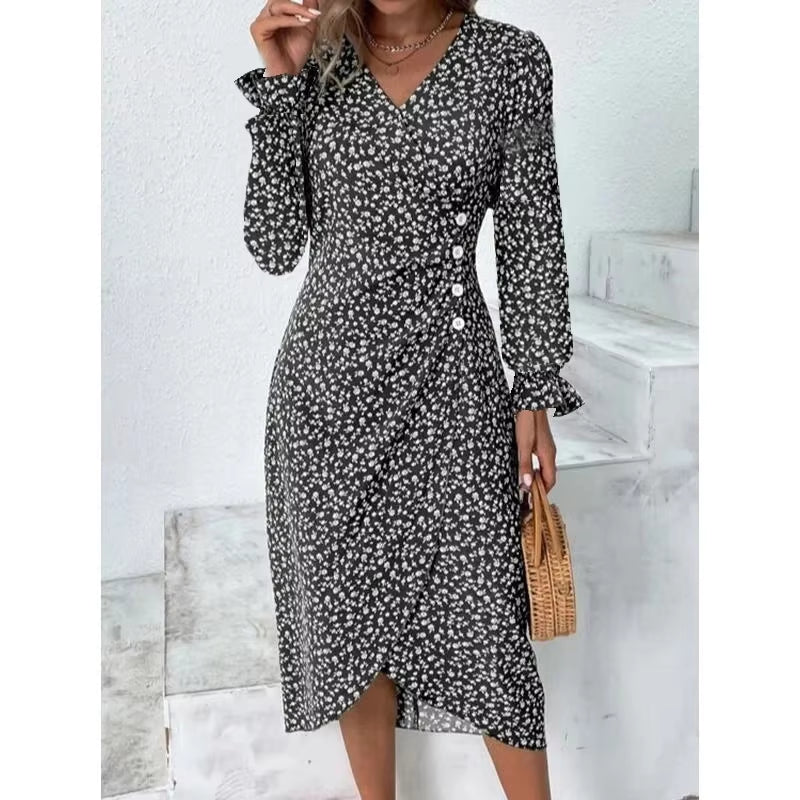 Elegant Floral Pleated H Shaped Midi Dress Female V Neck Puff Sleeve Waist Ruched Button Dresses Women Summer Dress Robe
