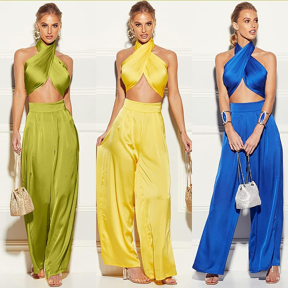 Summer Elegant Two Piece Outfits for Women, Sexy Halter Criss Cross Crop Tops and Wide Leg Pants Sets Shiny Clubwear