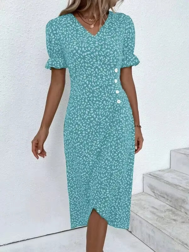 Elegant Floral Pleated H Shaped Midi Dress Female V Neck Puff Sleeve Waist Ruched Button Dresses Women Summer Dress Robe