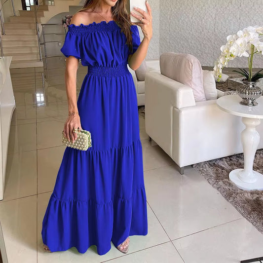 Summer Solid Boho Dress Women Fashion Elegant Beach Party Dress Casual Slash Neck Office Maxi Dresses for Woman Robe Femme New