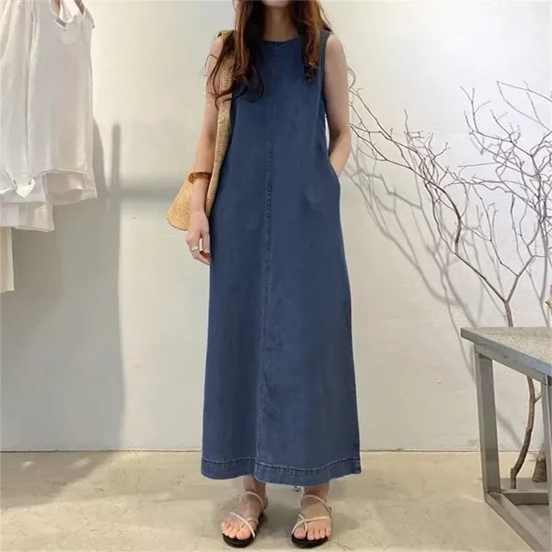 2025 Women'S Summer Sleeveless Jeans Dress Simple Style Solid Elegant Dress Robe Female Pocket Design Commuter Gown Dress 5XL