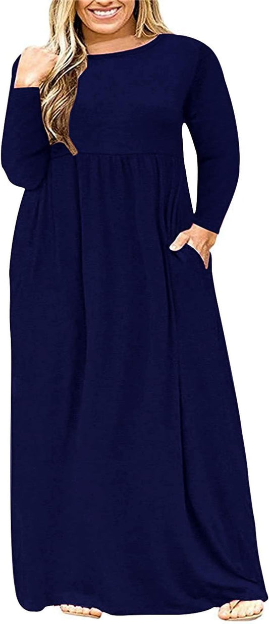 Women'S Plain plus Size Long Sleeve Loose Curvy Long Maxi Dresses with Pocket (24W,Navy Blue)