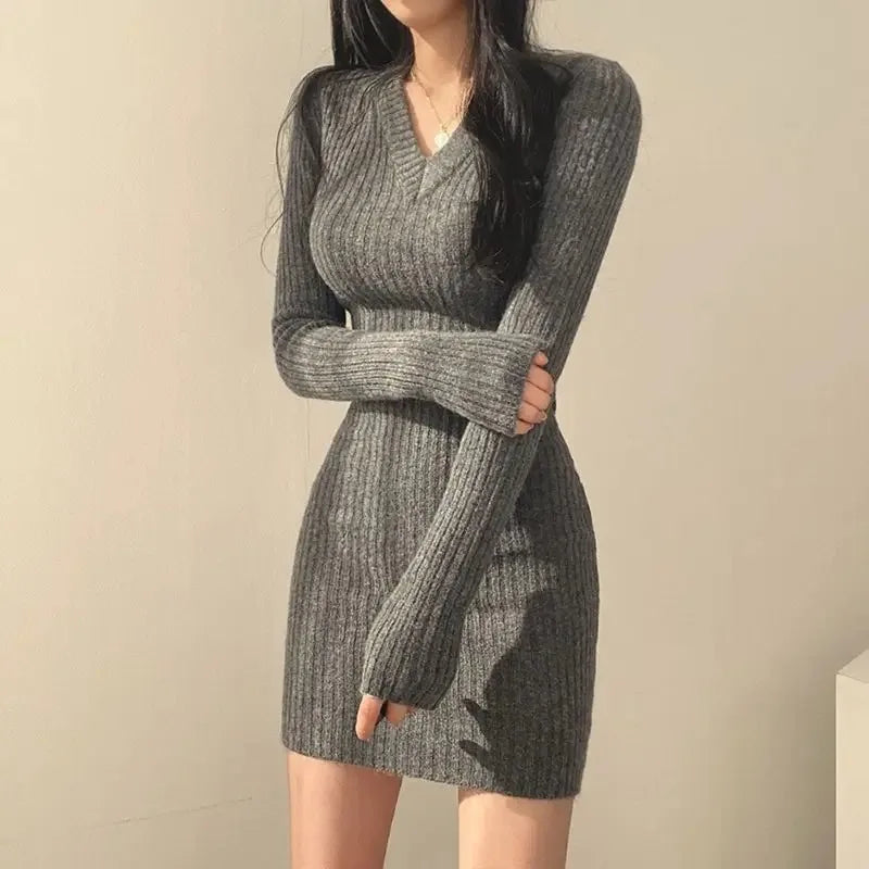 Women Knit Slim Sexy Bodycon Dress V-Neck Long Sleeve Dress Solid Casual Midi Sweater Dress for Women 2024 Autumn Winter