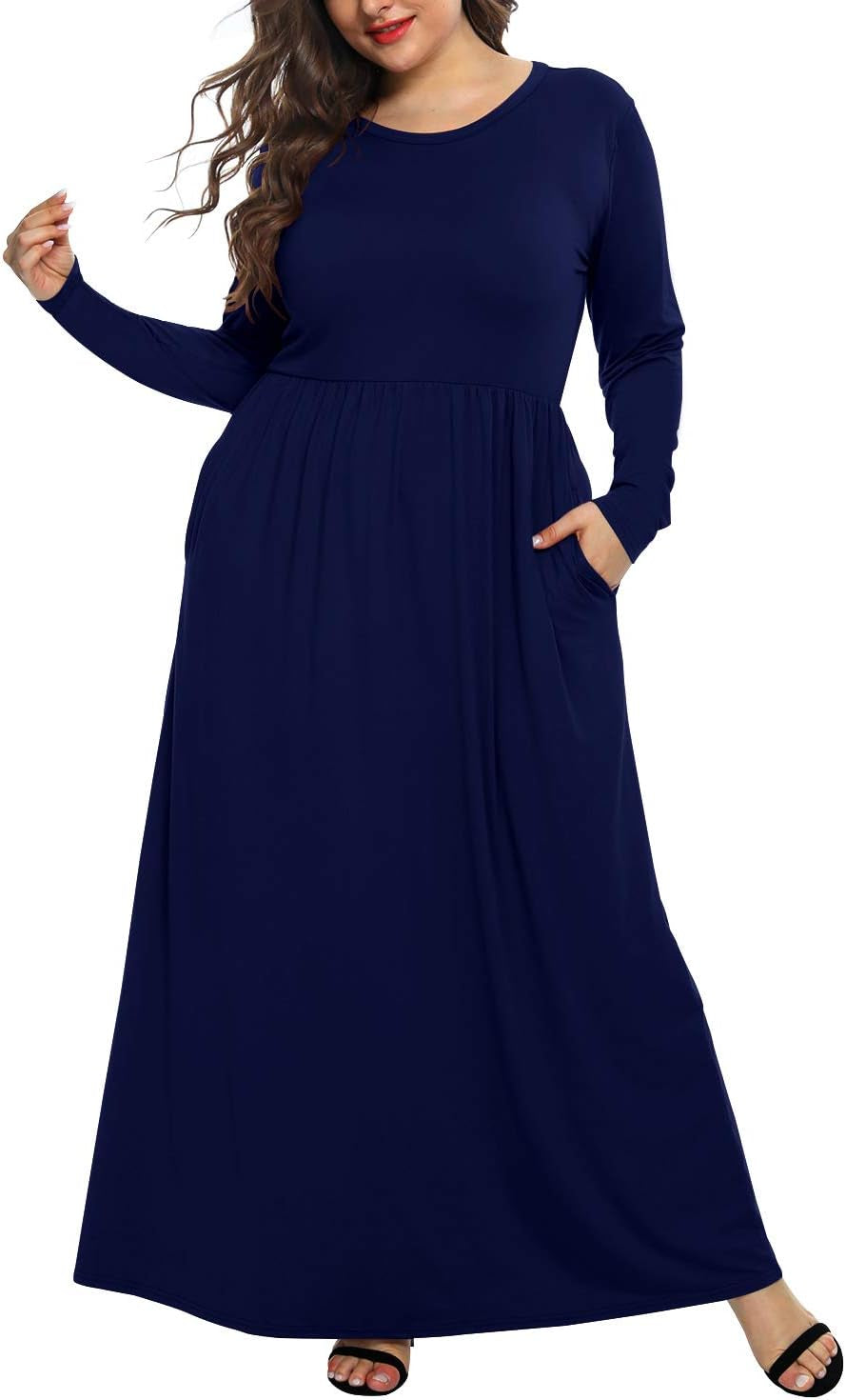 Women'S Plain plus Size Long Sleeve Loose Curvy Long Maxi Dresses with Pocket (24W,Navy Blue)